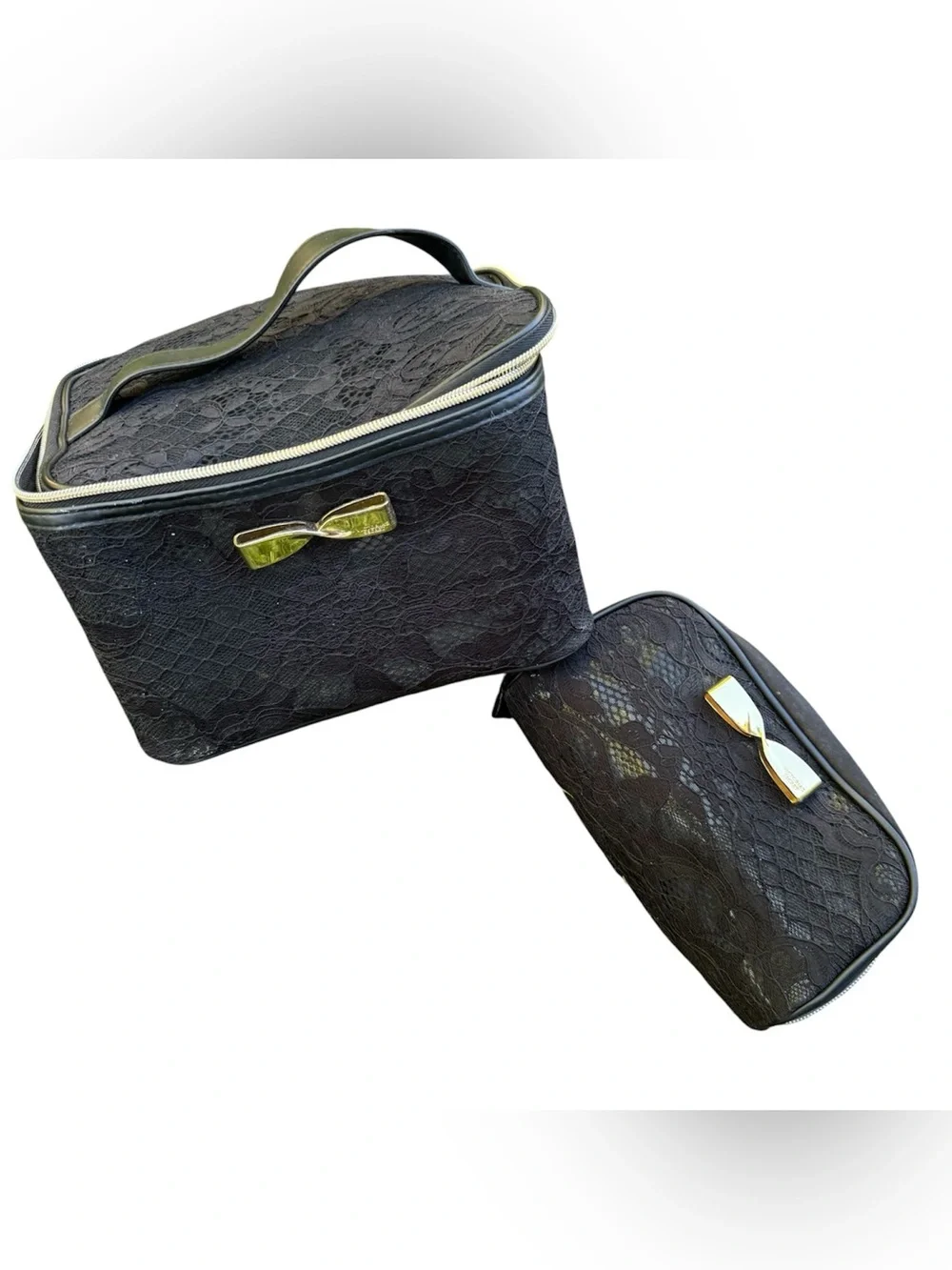 Victorias Secret Black Lace Elegant Gold Bow Girly Large & Mini Makeup Bag